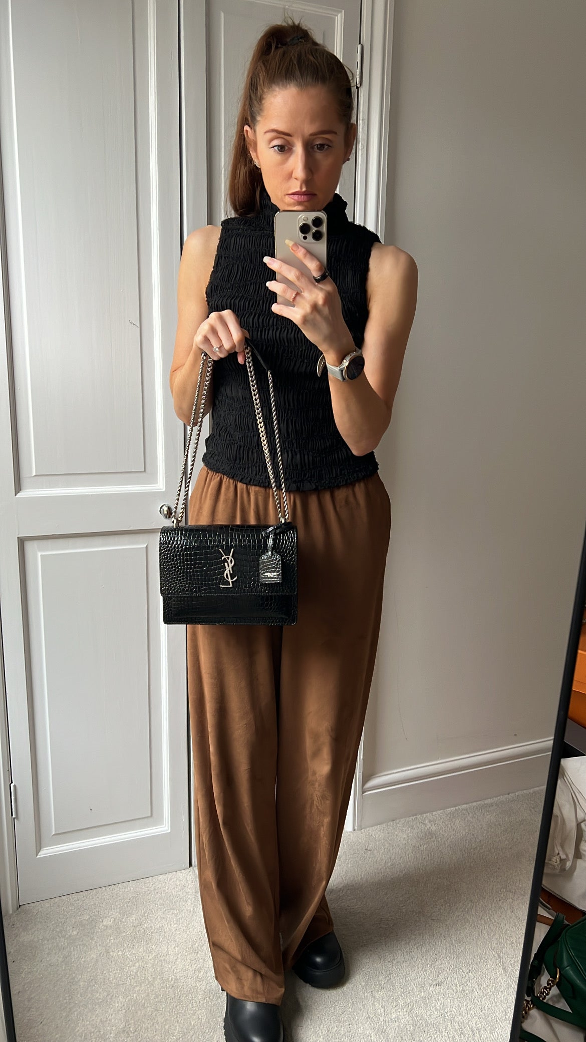 Yves Saint Laurent (YSL) Black Croc Medium Sunset with Silver Hardware (RRP £2,200)