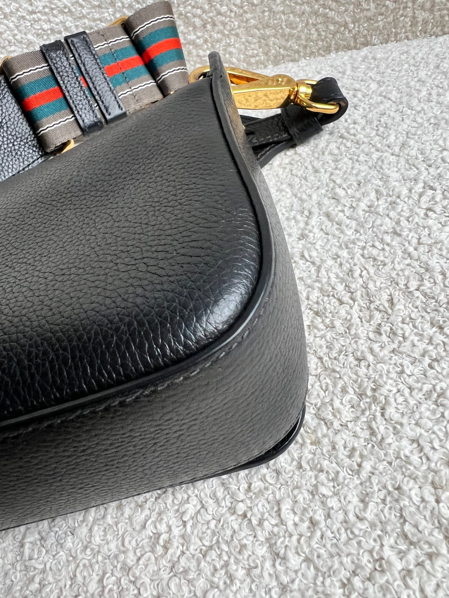 Prada Vitello Phoenix Black Small Leather Crossbody Bag Web Stripe Strap
