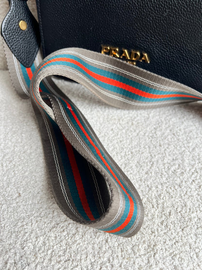 Prada Vitello Phoenix Black Small Leather Crossbody Bag Web Stripe Strap