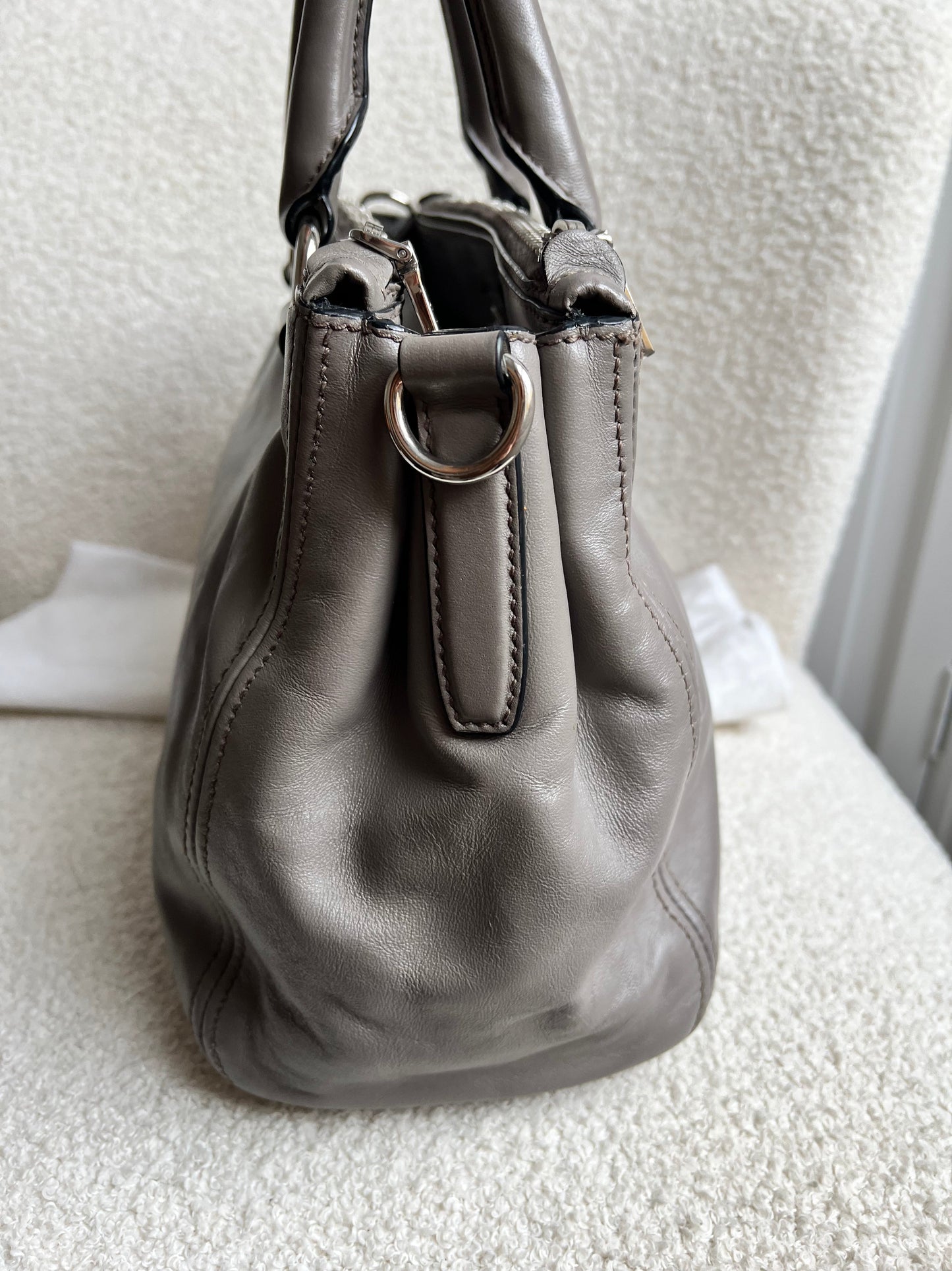 Prada Grey Double Zip Two Way Tote in Grey Soft Calf