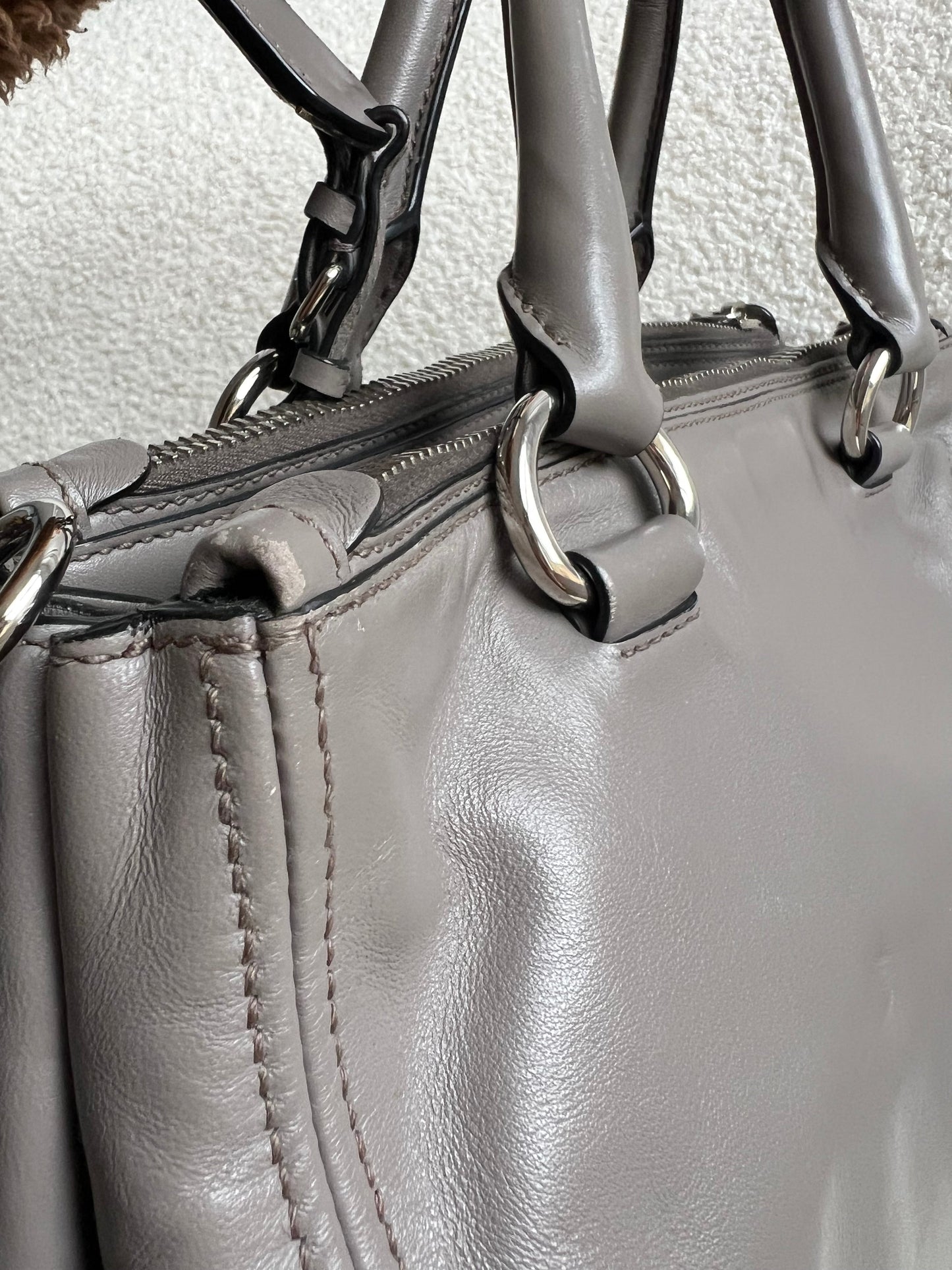 Prada Grey Double Zip Two Way Tote in Grey Soft Calf