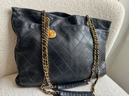 Chanel Vintage Black Lambskin Chain Tote with Gold Hardware