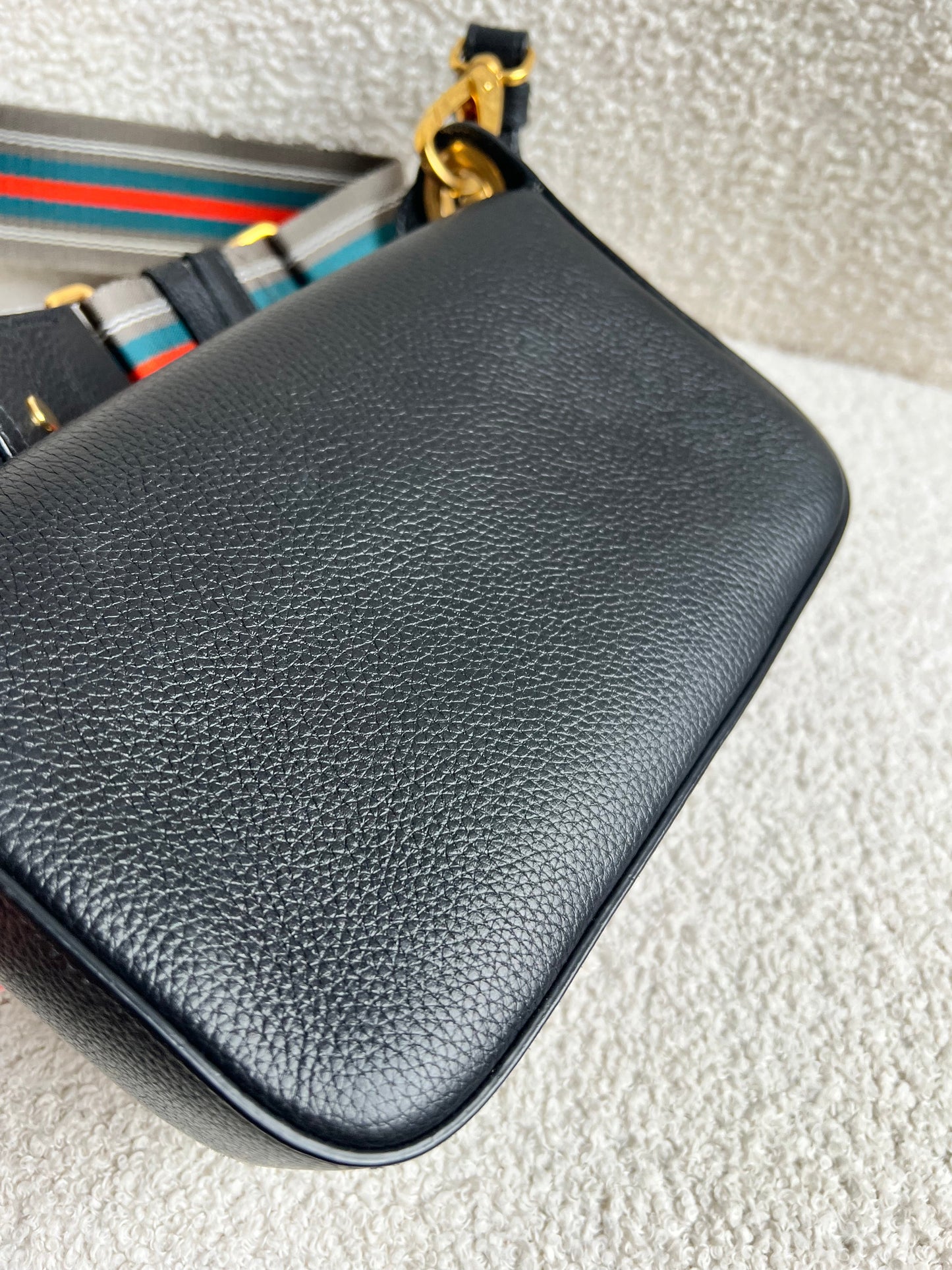 Prada Vitello Phoenix Black Small Leather Crossbody Bag Web Stripe Strap