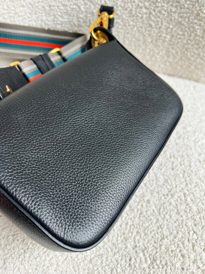 Prada Vitello Phoenix Black Small Leather Crossbody Bag Web Stripe Strap