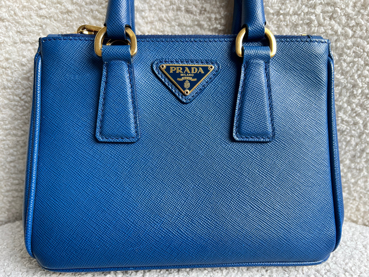 Prada Blue Saffiano Lux Leather Micro Double Zip Tote