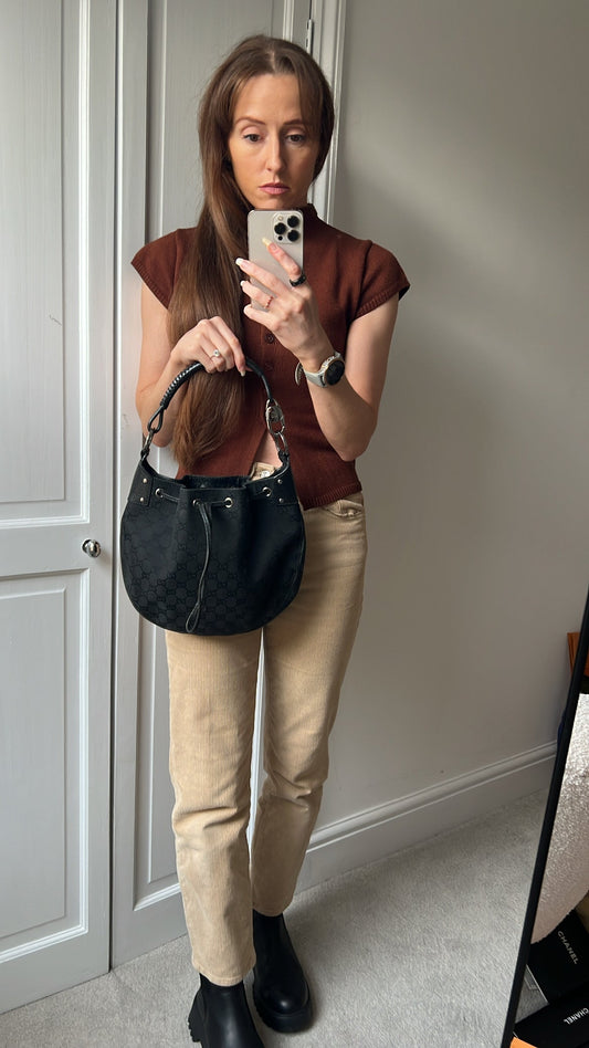 Gucci Black GG Canvas Drawstring Shoulder Bag