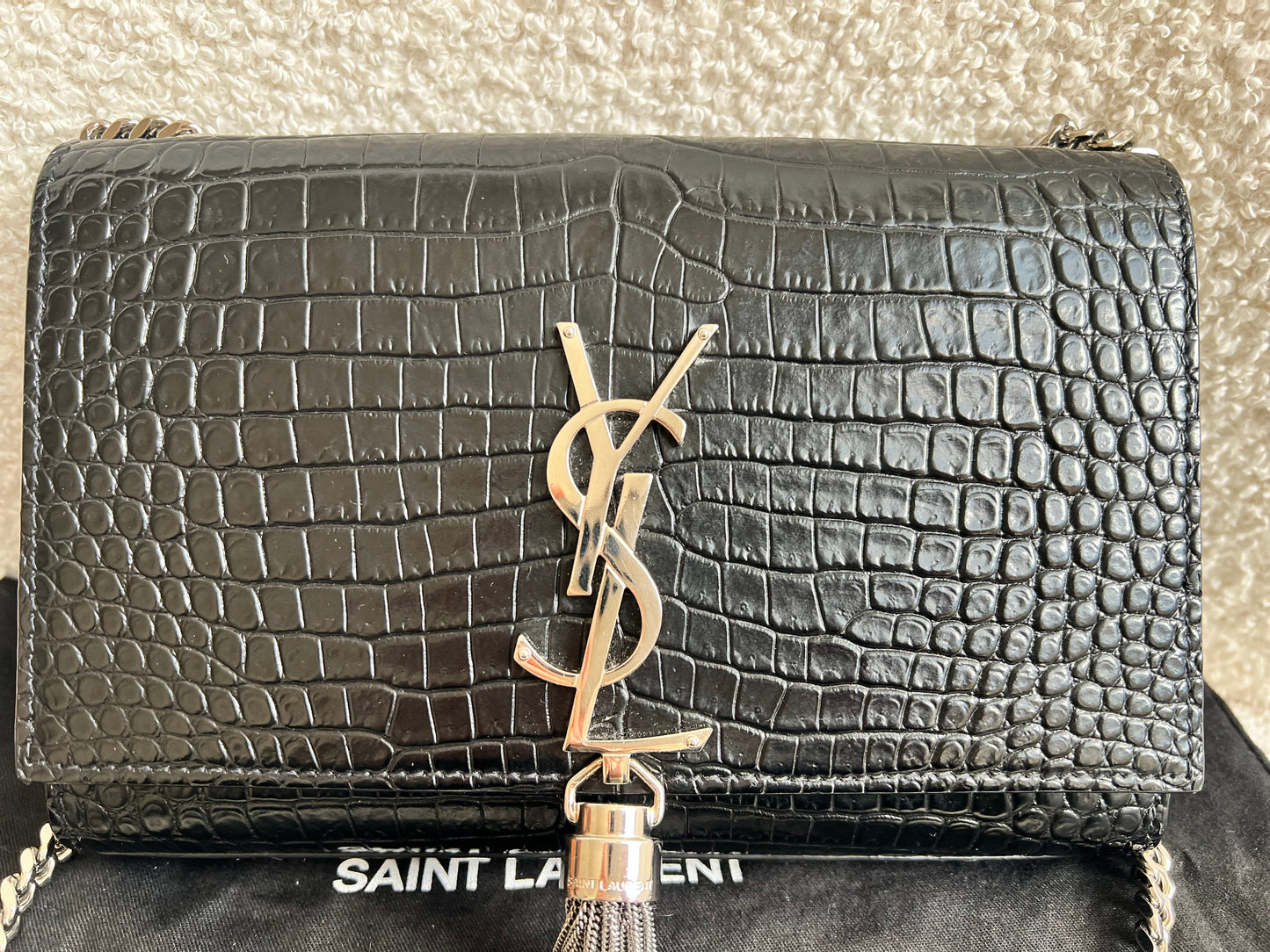 Yves Saint Laurent (YSL) Black Croc Small Kate with Silver Hardware (RRP £1,925)