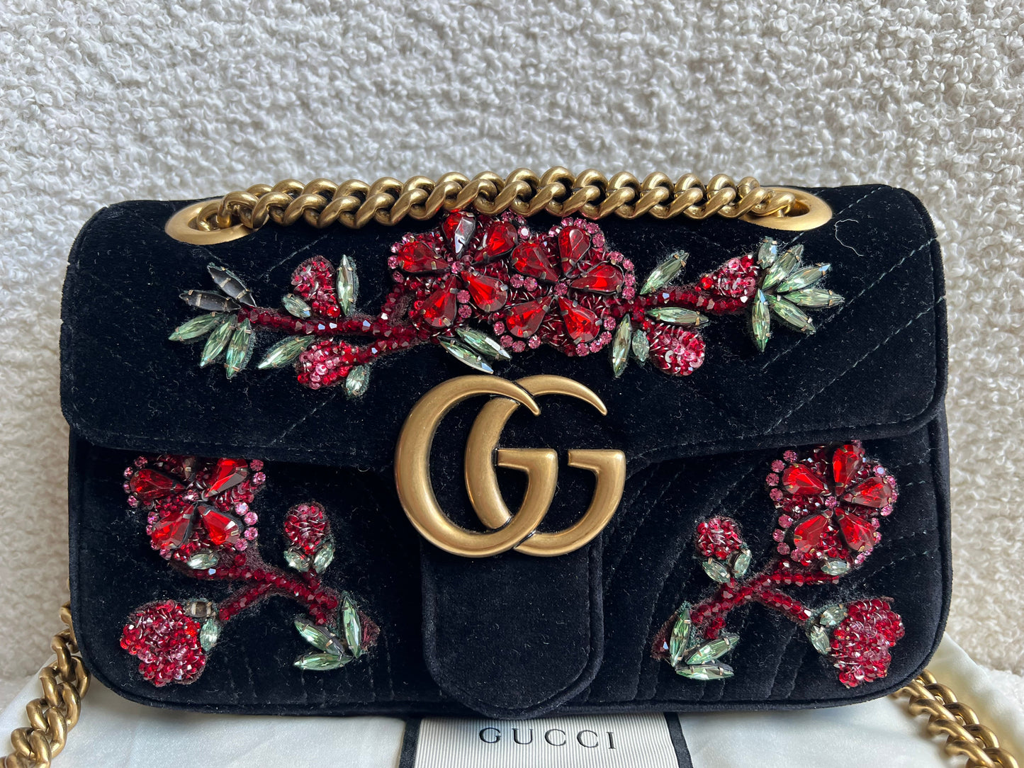 Gucci GG Black Velvet Embellished Marmont Mini Shoulder Bag