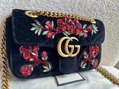 Gucci GG Black Velvet Embellished Marmont Mini Shoulder Bag