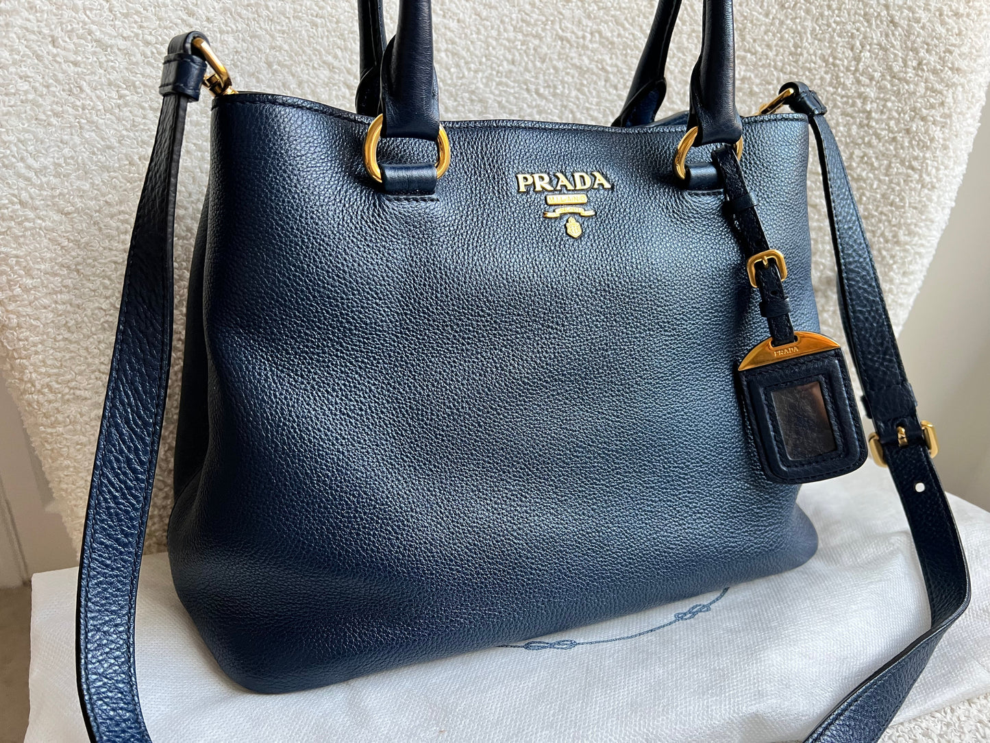 Prada Blue Vitello Daino Two Way Tote