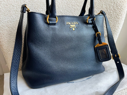 Prada Blue Vitello Daino Two Way Tote