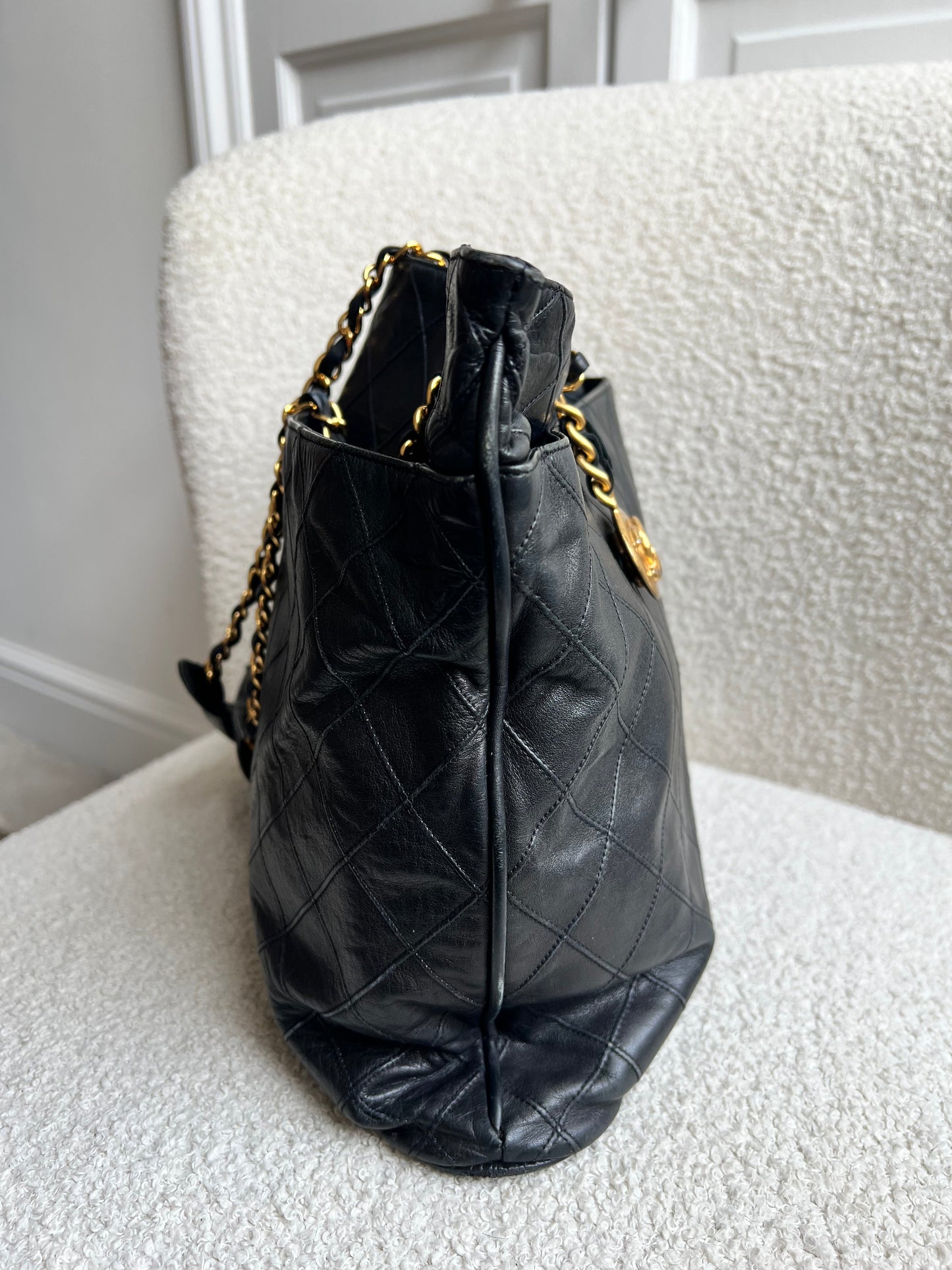 Chanel Vintage Black Lambskin Chain Tote with Gold Hardware