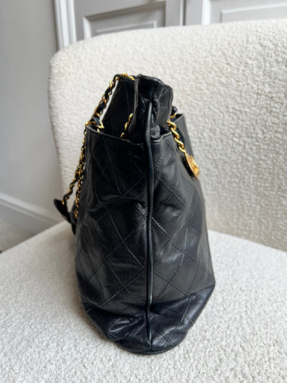 Chanel Vintage Black Lambskin Chain Tote with Gold Hardware
