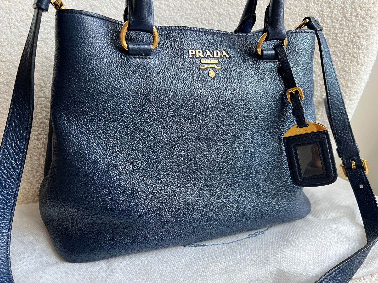 Prada Blue Vitello Daino Two Way Tote