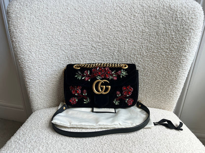 Gucci GG Black Velvet Embellished Marmont Mini Shoulder Bag