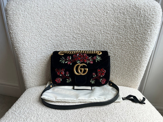 Gucci GG Black Velvet Embellished Marmont Mini Shoulder Bag