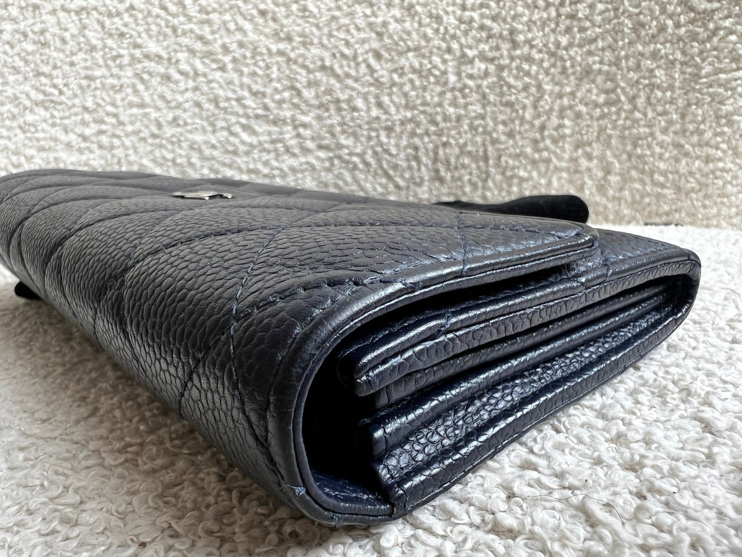 Chanel Navy Caviar Flap Wallet with silver Hardware