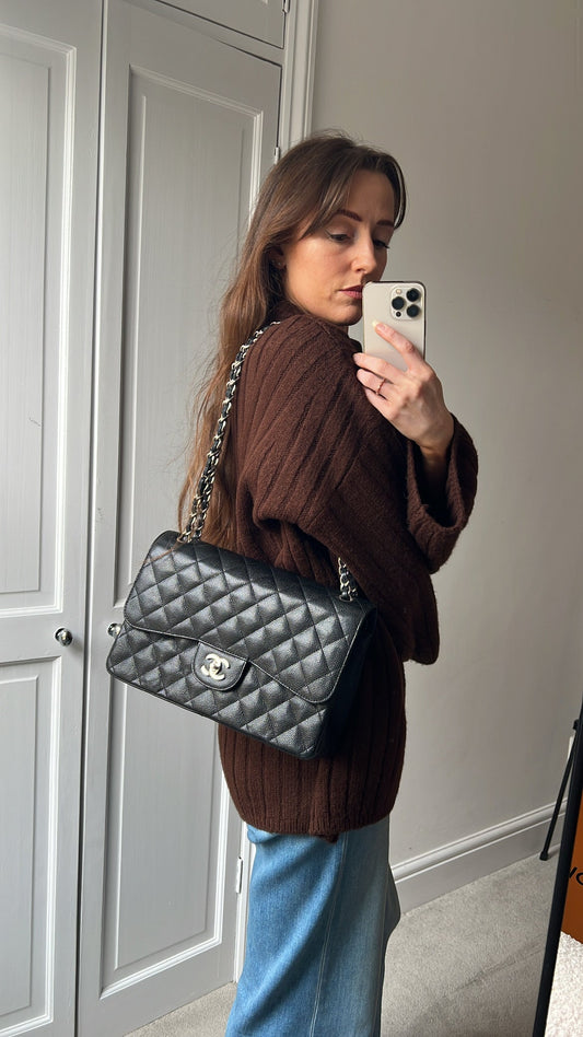 Chanel Jumbo Double Flap in Black Caviar with silver hardware