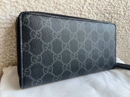 Gucci Black Grey GG Canvas zip around wallet