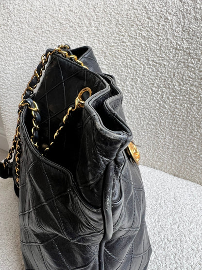 Chanel Vintage Black Lambskin Chain Tote with Gold Hardware