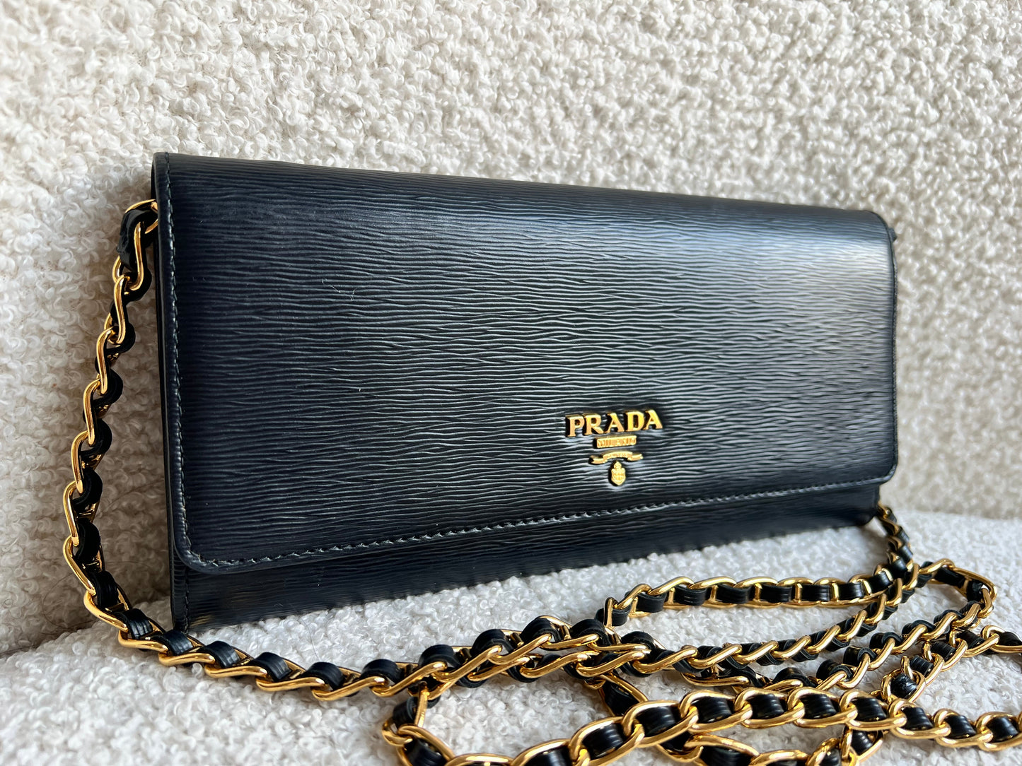 Prada Black Saffiano Wallet on Chain with Gold Hardware
