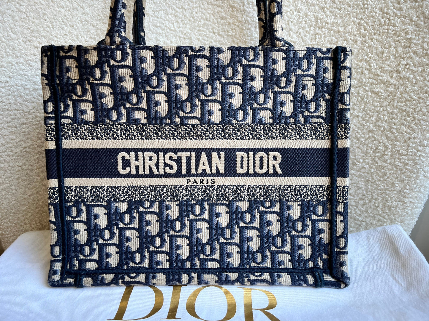 Christian Dior Small Book Tote in Ecru and Blue Dior Oblique Embroidery (RRP £2500)