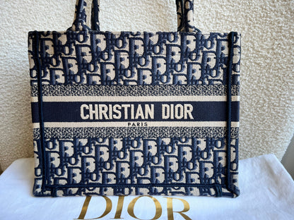 Christian Dior Small Book Tote in Ecru and Blue Dior Oblique Embroidery (RRP £2500)