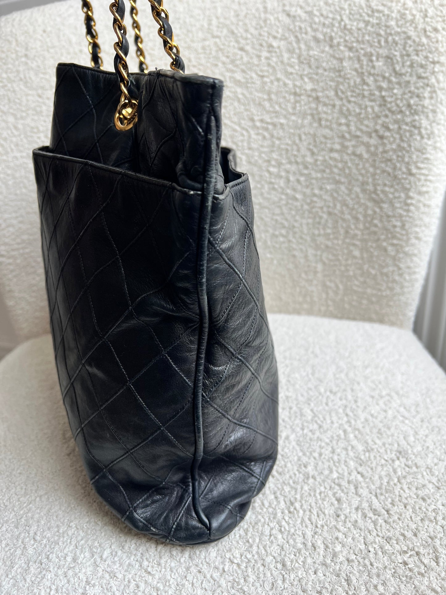 Chanel Vintage Black Lambskin Chain Tote with Gold Hardware