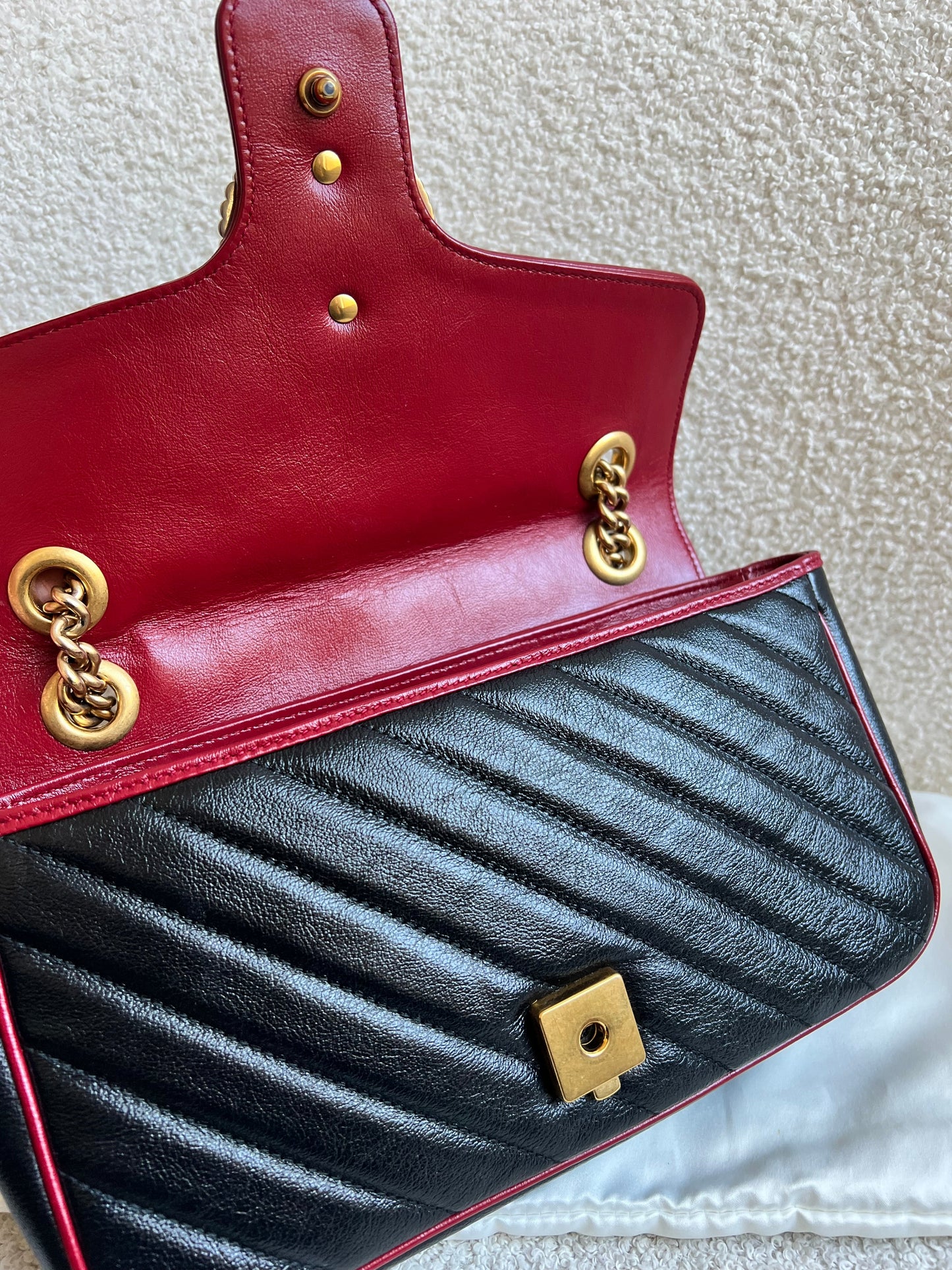 Gucci GG Black and Red Torchon Marmont Small Shoulder Bag