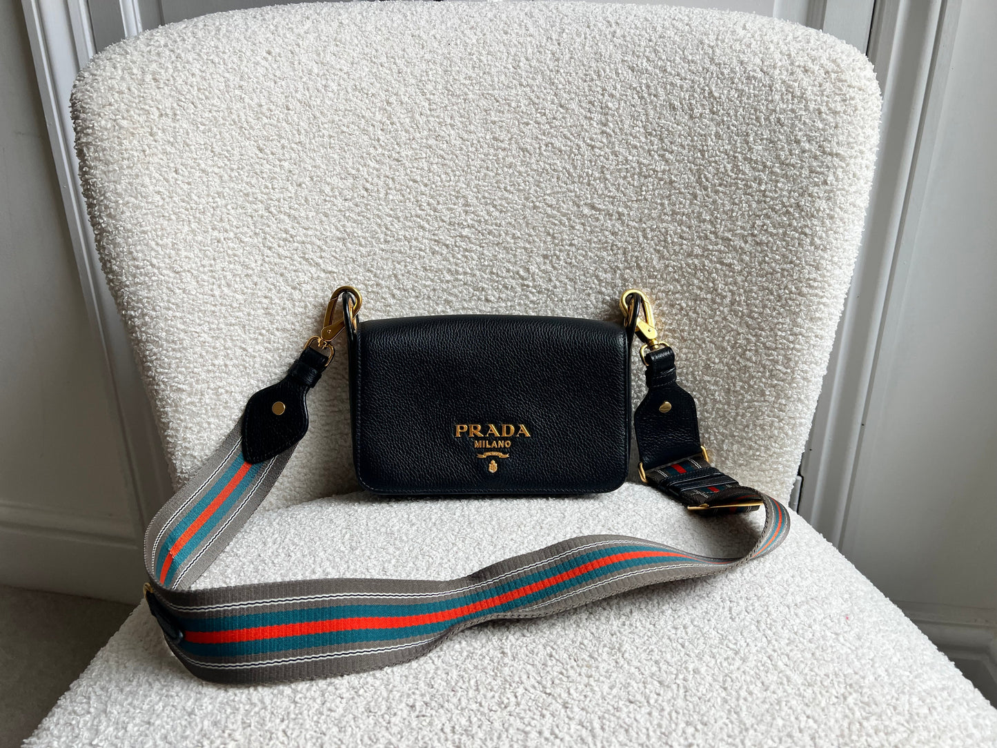 Prada Vitello Phoenix Black Small Leather Crossbody Bag Web Stripe Strap