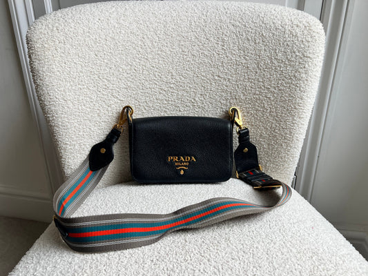 Prada Vitello Phoenix Black Small Leather Crossbody Bag Web Stripe Strap