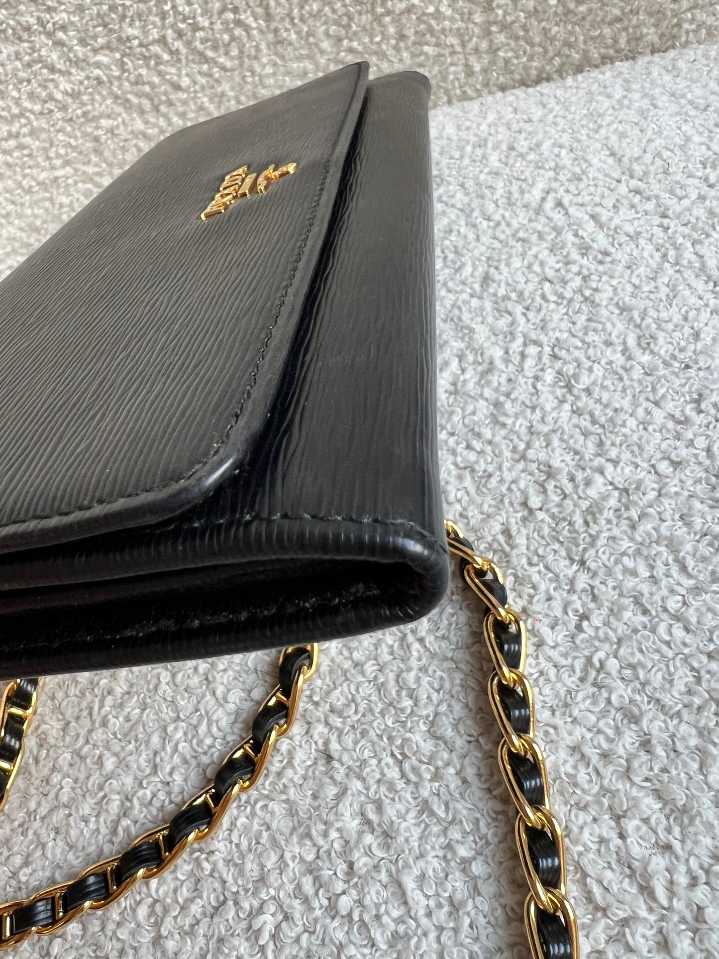 Prada Black Saffiano Wallet on Chain with Gold Hardware