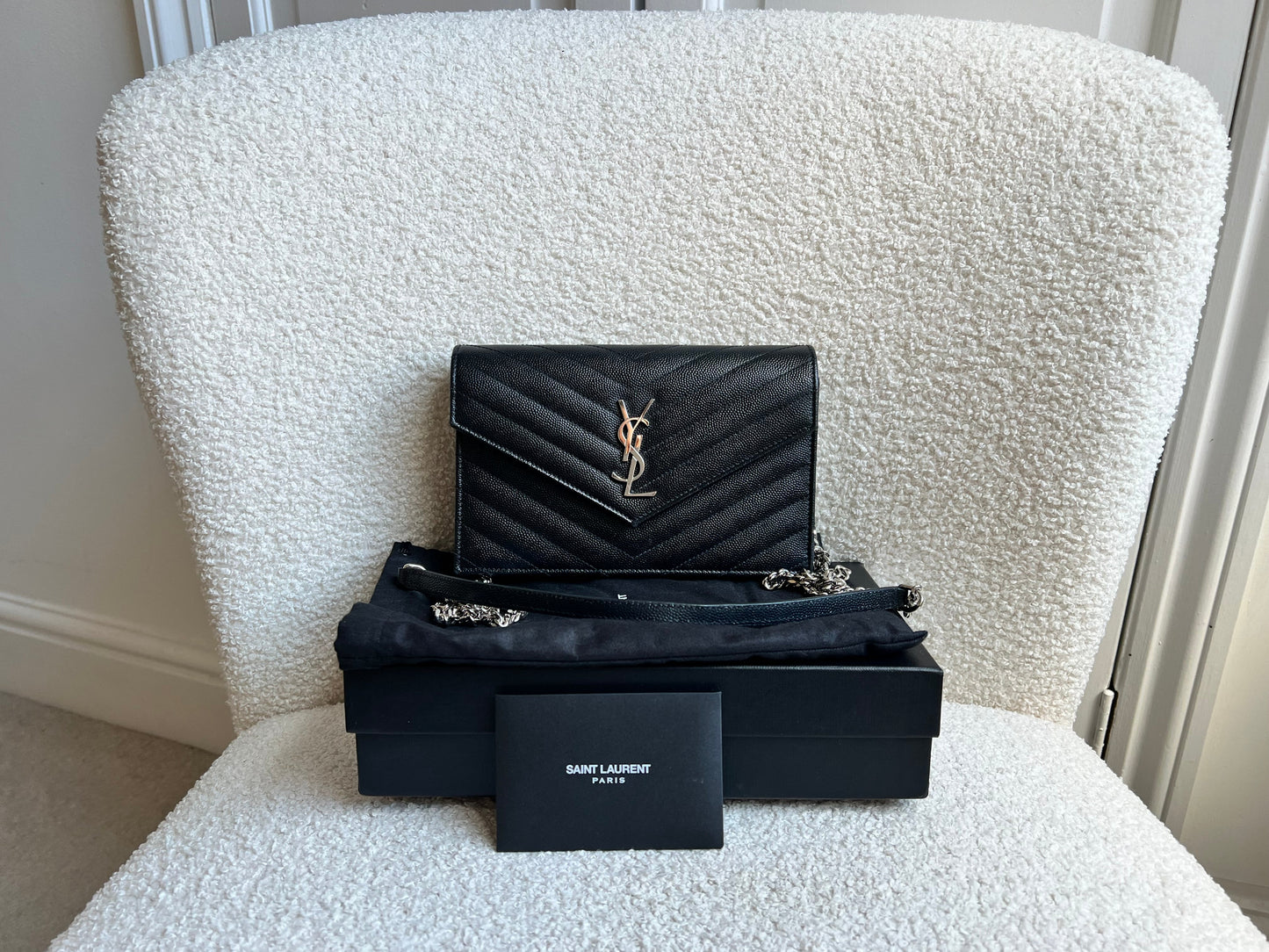 Yves Saint Laurent (YSL) Black Cassandra Envelope Chain Wallet (RRP £870)