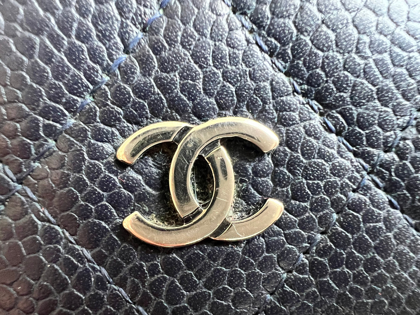 Chanel Navy Caviar Flap Wallet with silver Hardware