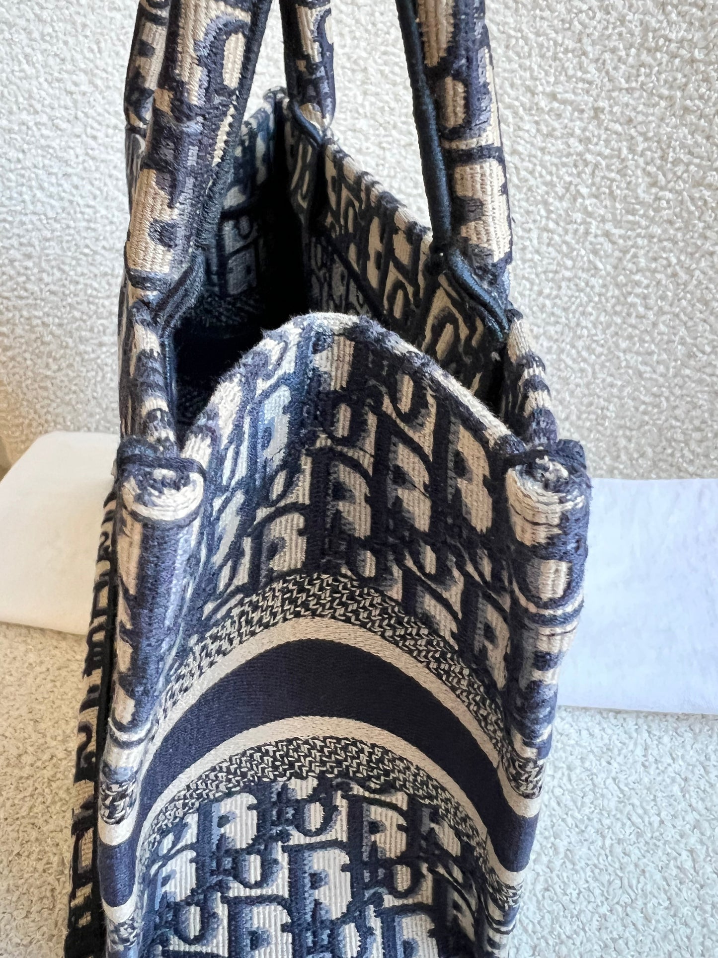Christian Dior Small Book Tote in Ecru and Blue Dior Oblique Embroidery (RRP £2500)