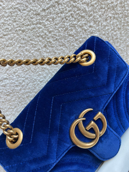 Gucci GG Blue Mini Velvet Marmont Mini Shoulder Bag