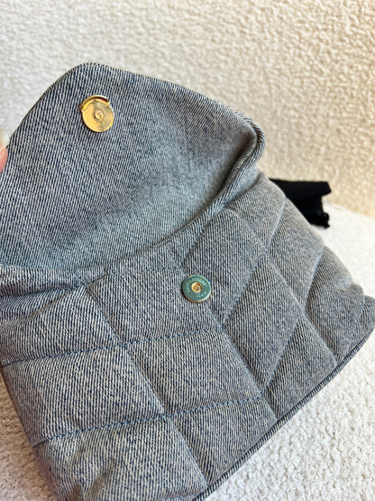 Yves Saint Laurent (YSL) Puffer Clutch Pouch in Blue Quilted Denim (RRP £710)