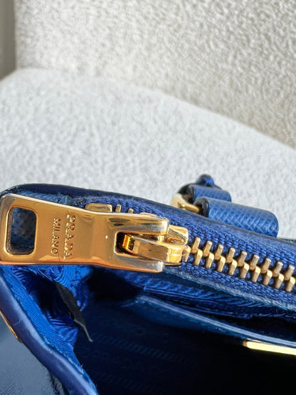 Prada Blue Saffiano Lux Leather Micro Double Zip Tote