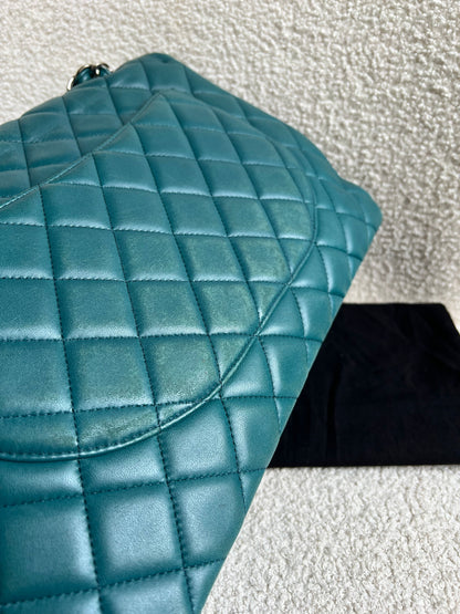 Chanel Maxi Single Flap in Teal Lambskin Silver Hardware