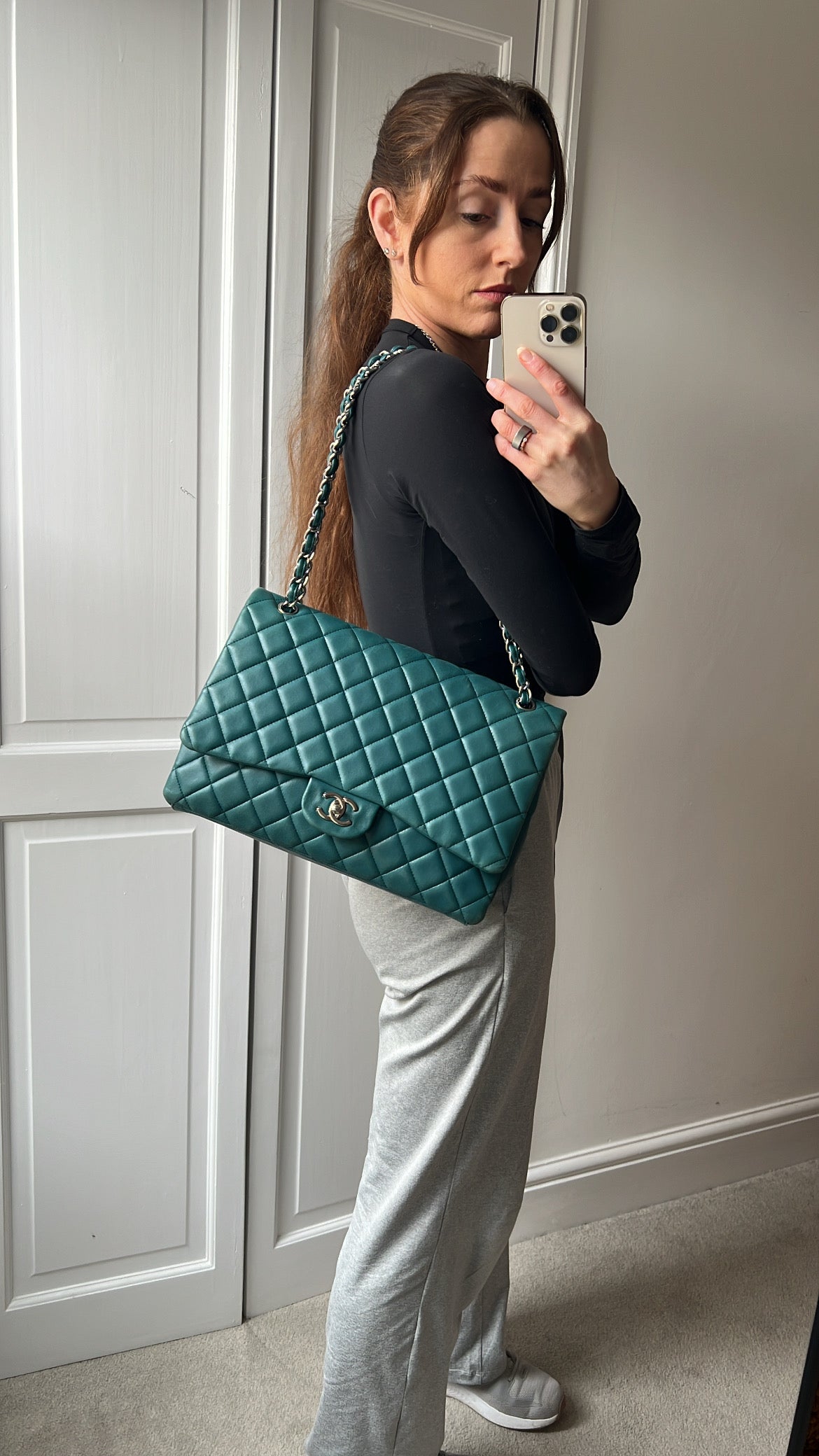 Chanel Maxi Single Flap in Teal Lambskin Silver Hardware