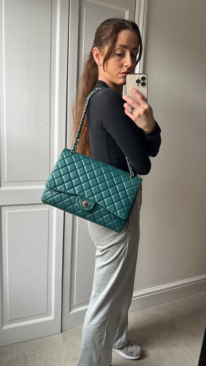 Chanel Maxi Single Flap in Teal Lambskin Silver Hardware