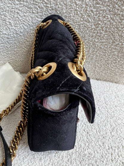 Gucci GG Black Velvet Embellished Marmont Mini Shoulder Bag