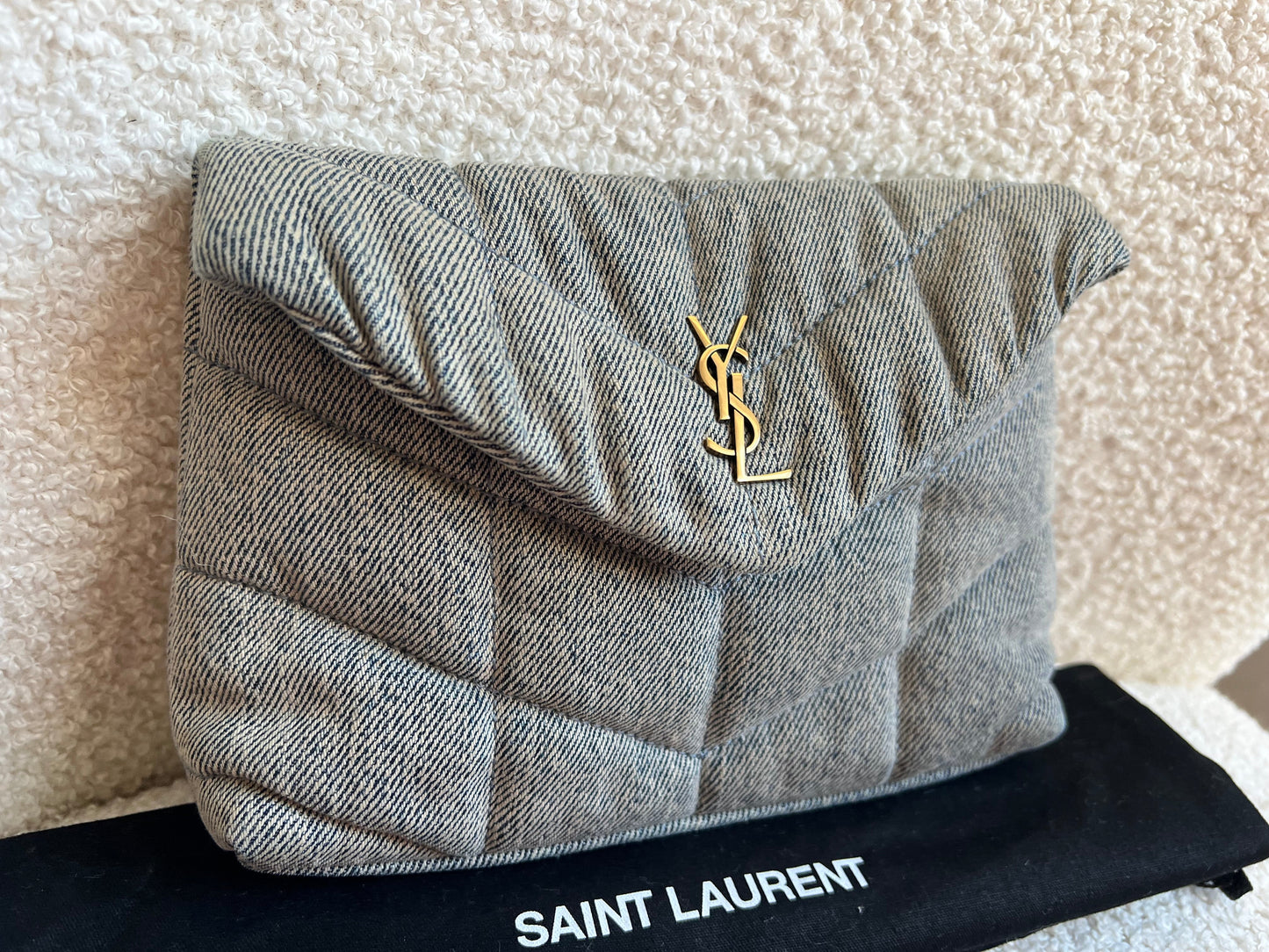 Yves Saint Laurent (YSL) Puffer Clutch Pouch in Blue Quilted Denim (RRP £710)