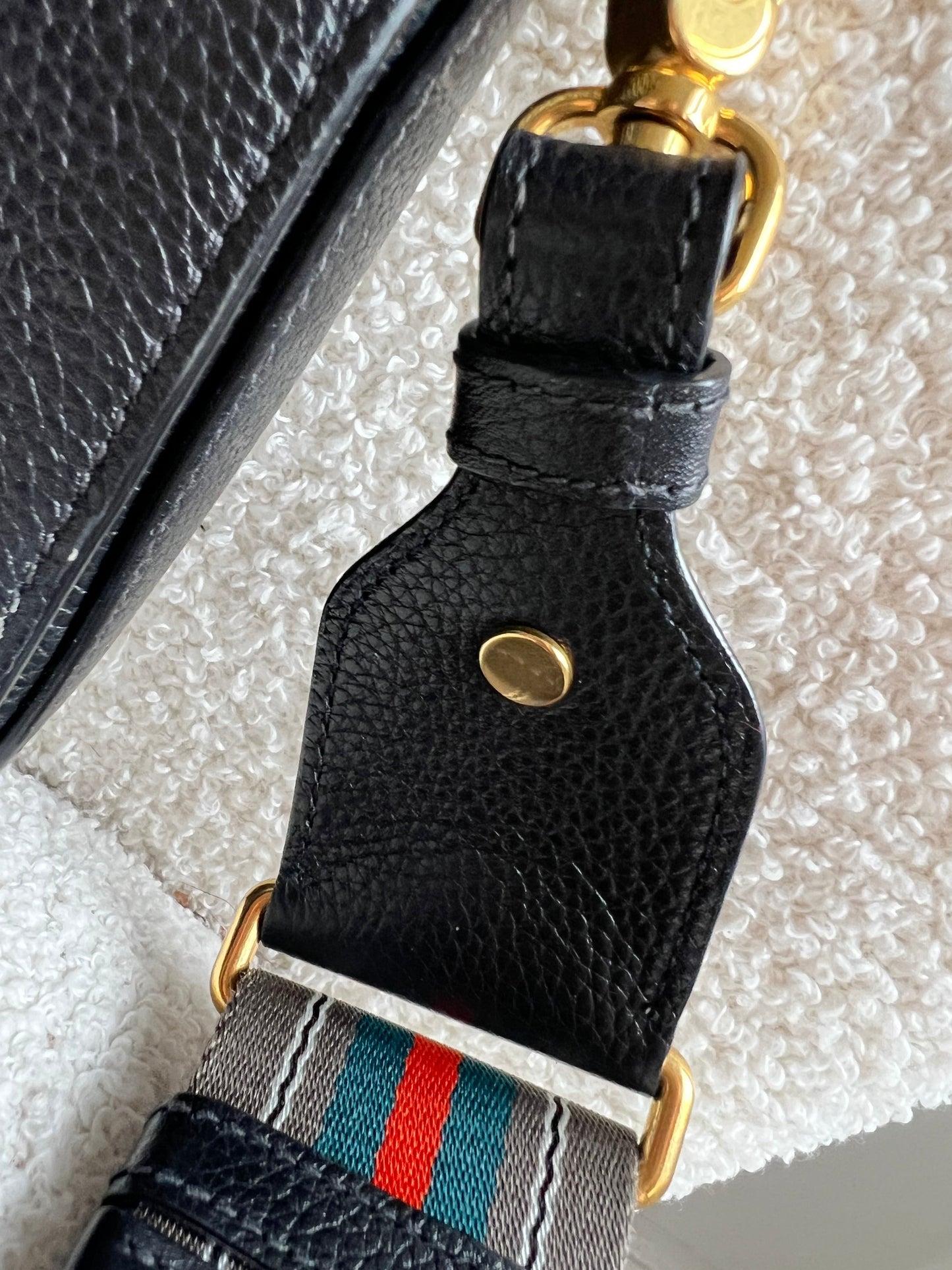 Prada Vitello Phoenix Black Small Leather Crossbody Bag Web Stripe Strap