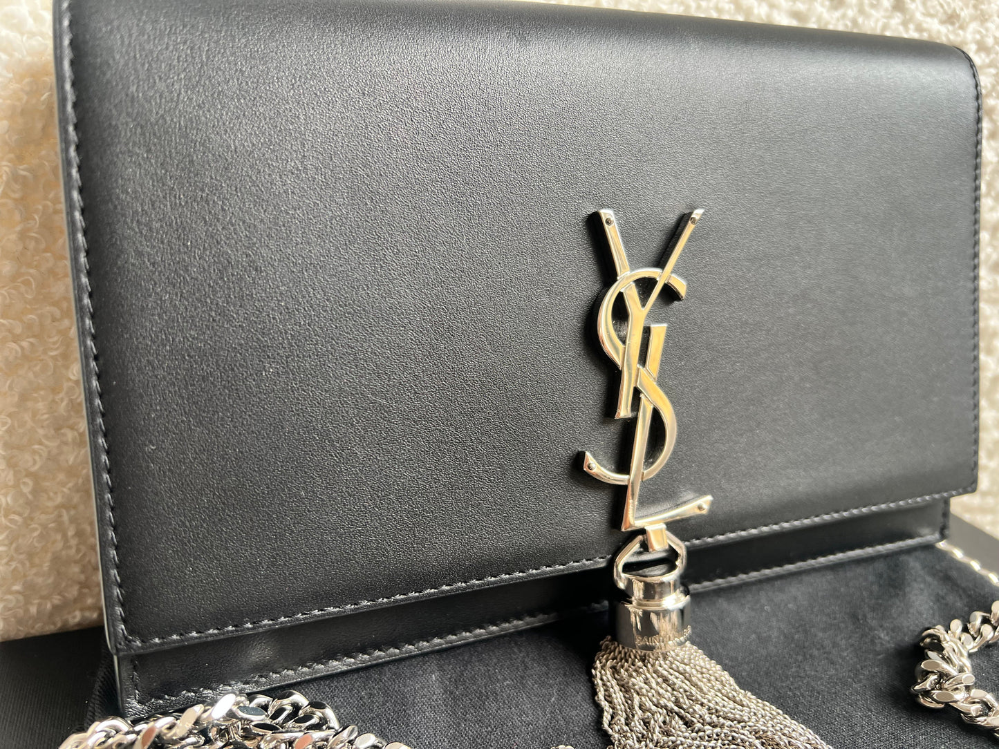 Yves Saint Laurent (YSL) Black Kate Tassel Chain Wallet Silver Hardware (RRP £1,440)