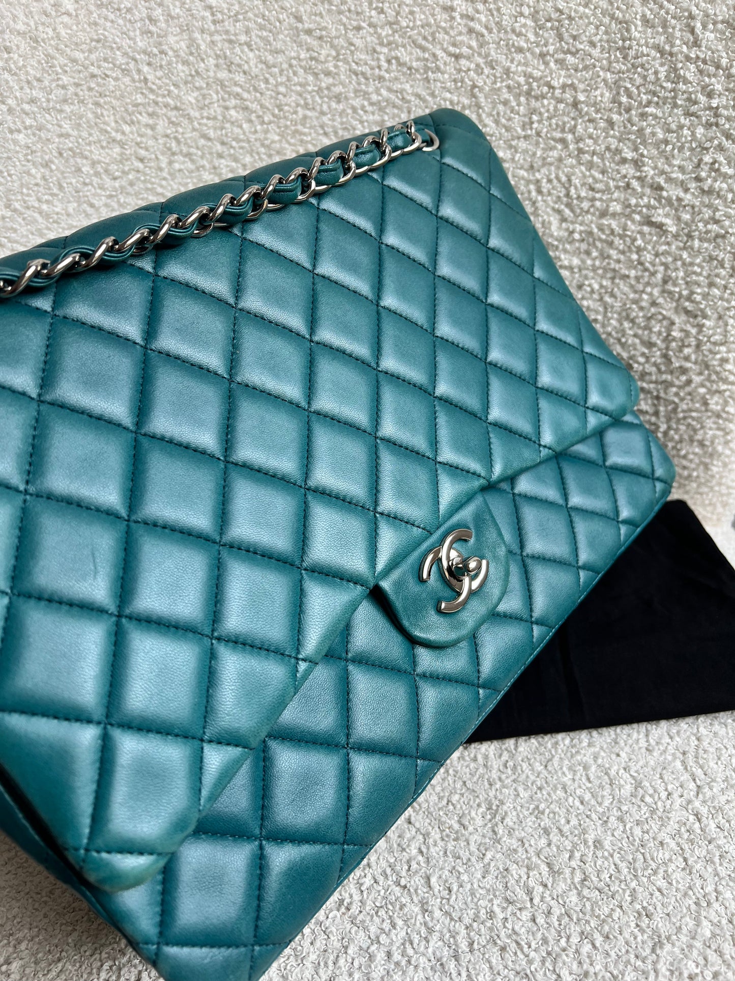 Chanel Maxi Single Flap in Teal Lambskin Silver Hardware