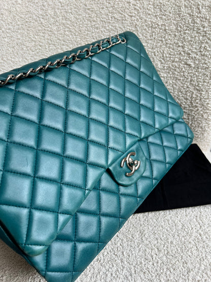 Chanel Maxi Single Flap in Teal Lambskin Silver Hardware