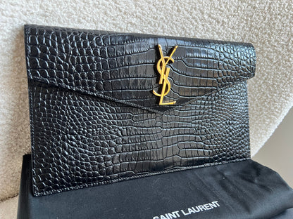 Yves Saint Laurent (YSL) Black Croc Uptown Pouch Clutch (RRP £580)