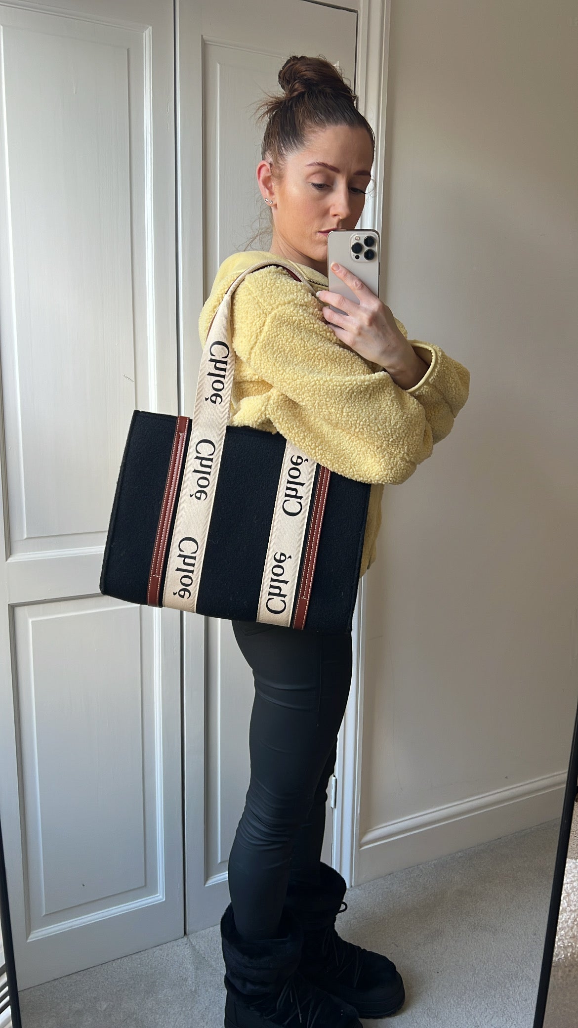 Chloe Medium Black Wool Woody Tote Bag