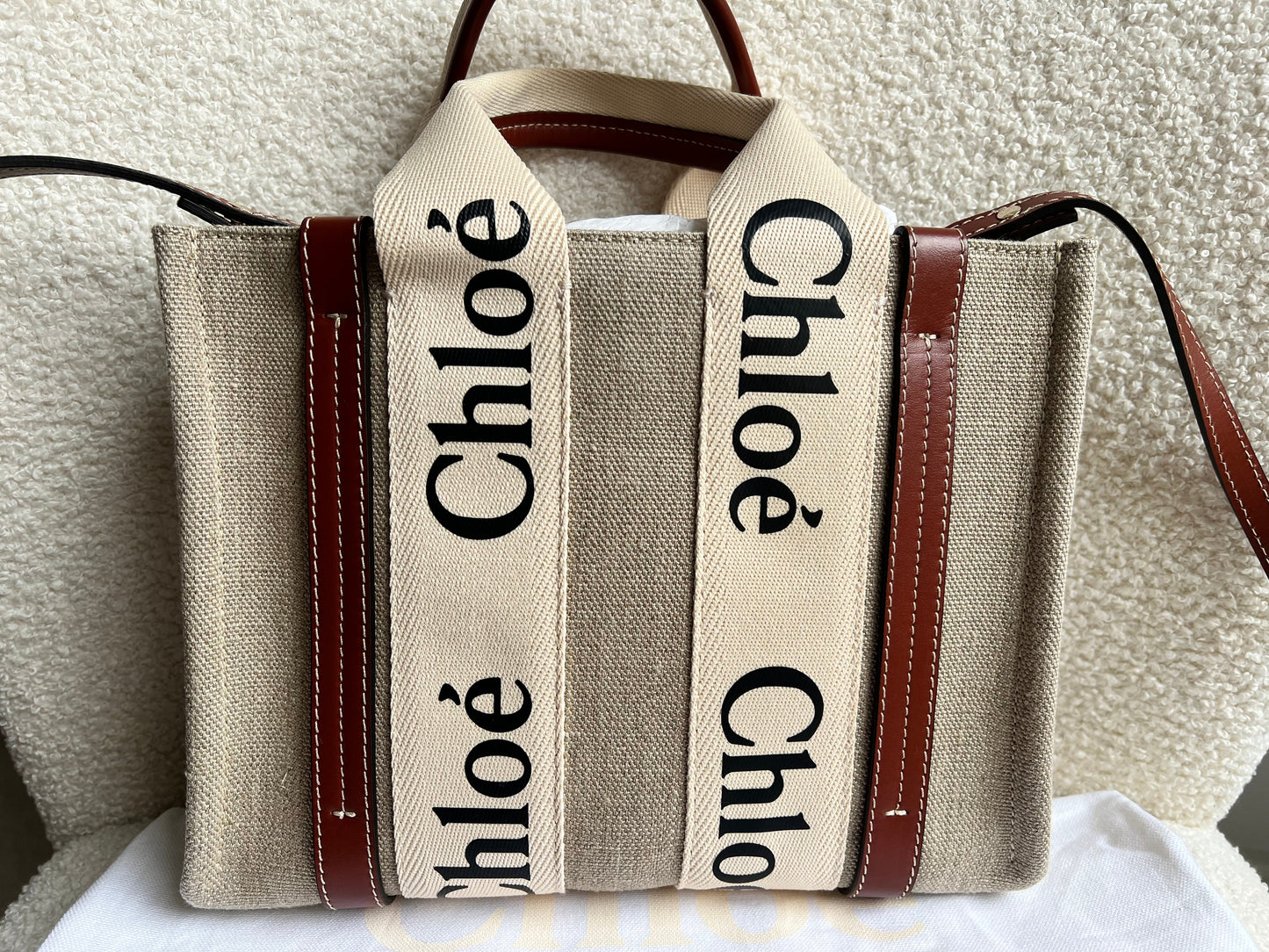 Chloe Small Soft Tan Linen Woody Tote Bag (£890)